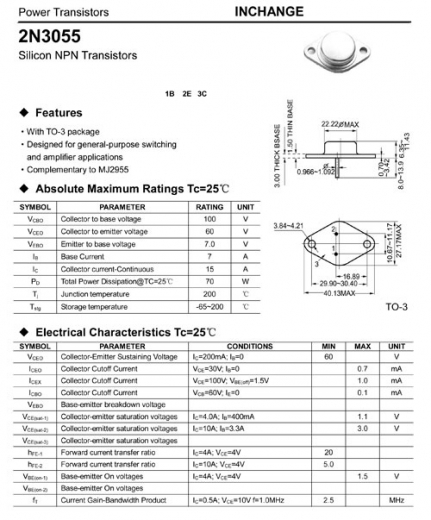 2N3055 POWER TRANSISTOR TO3 NPN 70W