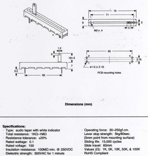 Alpha Schiebepotentiometer, 60mm, linear 10K, PC