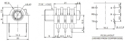 Klinkenbuchse STEREO, 6 pin, Plastik, lange pins